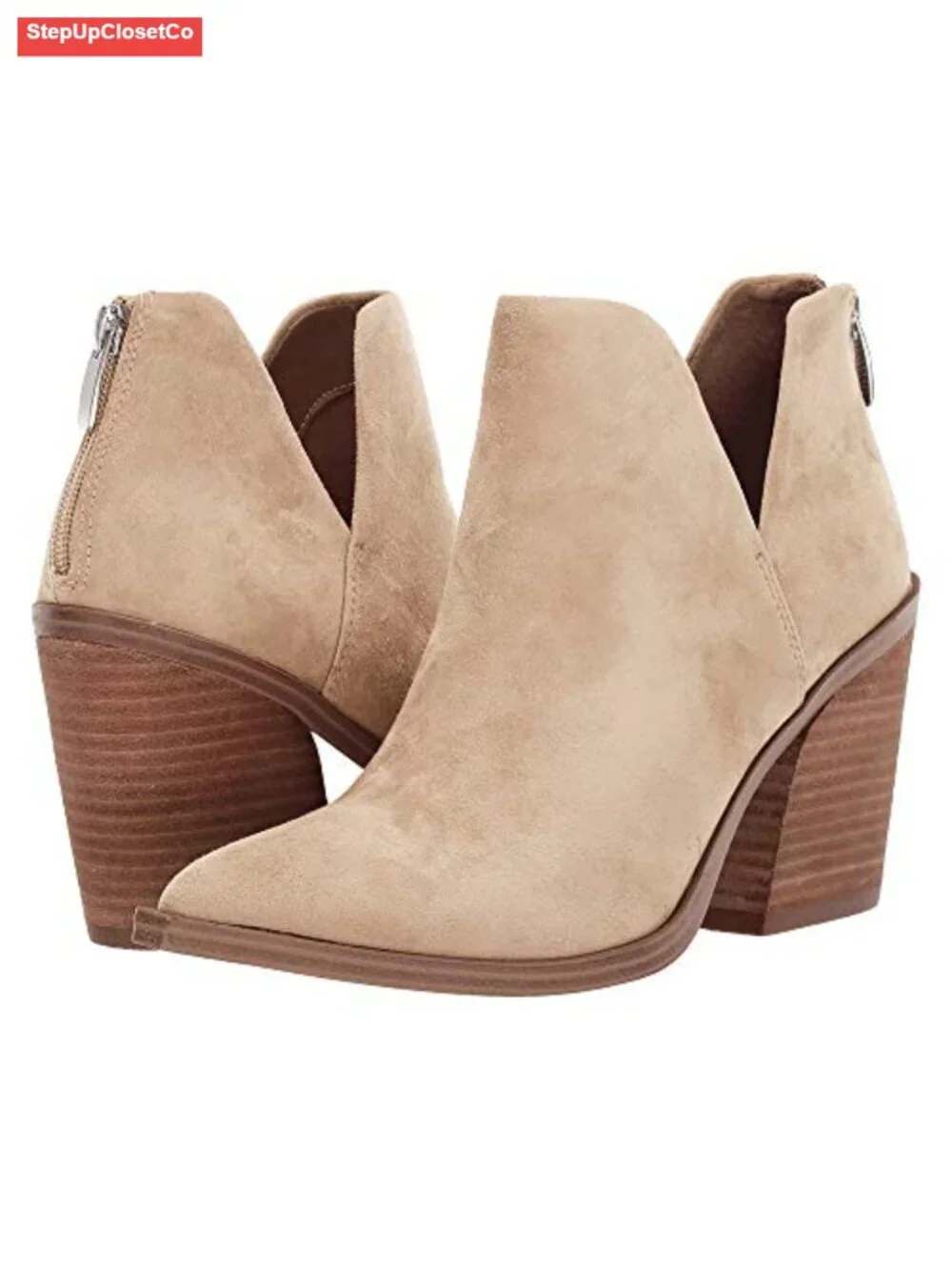 Slip on Ankle Boots V Cutout Pointed Toe Chunky Stacked Heel Booties Faux